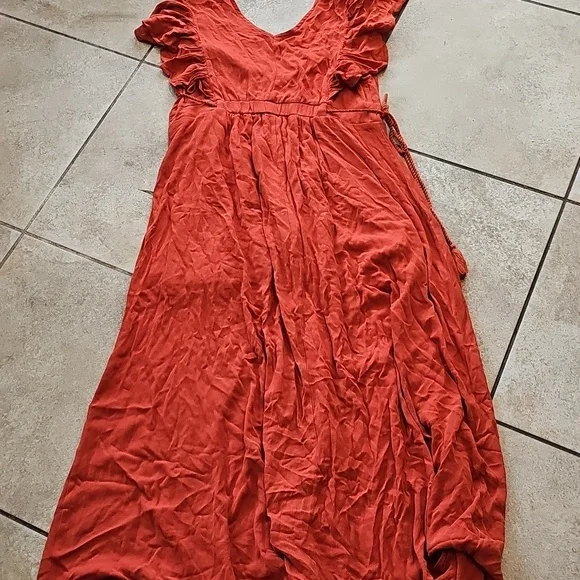 NWT Baltic Born Burnt Orange Maxi Flowy Vheck Dress Short Sleeve Sz 6 - Picture 7 of 9